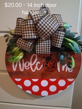 Welcome Ladybug Door Hanger with Black Plaid Bow